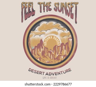Desert vintage t-shirt design for t-shirt. Desert adventure graphic print design for apparel, stickers, posters and background.