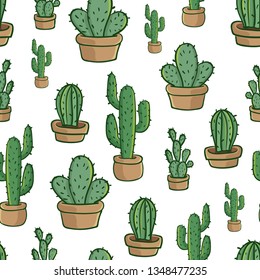 Desert Wallpaper Background Cactus in Pot Seamless Pattern Cartoon Style