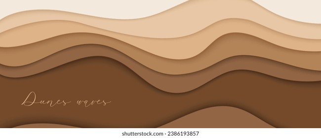 Olas del desierto, dunas de arena banner de arte de papel, plantilla de afiches. Olas de color beige desnudo en forma de papel. Ilustración del vector EPS 10.