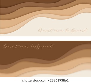 Olas del desierto, dunas de arena papel arte dos banderas puestas, plantillas de afiches. Olas de color beige desnudo en forma de papel. Ilustración del vector EPS 10.