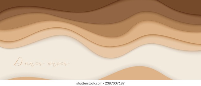 Olas del desierto, dunas de arena banner de arte de papel, plantilla de afiches. Olas de color beige desnudo en forma de papel. Ilustración del vector EPS 10.
