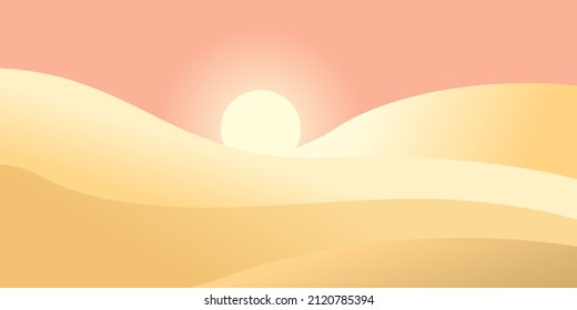 Desert wavy landscape in a minimalist style with sunset and dunes. Flat design. Vector illustration