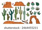 Desert Western, Africa landscape elements. Bush tree, grass and canyon rocks, different cactus, tumbleweed, safari nature plant. Weed west vegetation wild. Rock tumble mountain. Vector isolated set