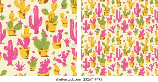 Desert Western Cactus Boho Retro Cowboy Botanical Textile Seamless Pattern Vector Illustration 