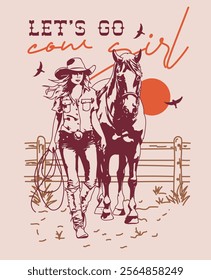 Desert western cowgirl illustrations design, vintage looking cowgirl horse sun down in a one Fame with a typography  It's good for t-shirt design poster design.