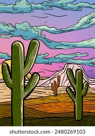 Paisaje occidental del desierto con plantas de cactus, colina, rocas dibujadas a mano Ilustración vectorial. Antiguas, boceto esquemático colorido diseño para tarjetas, póster, cubierta, Anuncio y fondo.