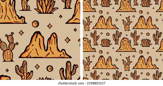 Desert Western Mountains Cactus Seamless Pattern Vector Illustration Cowboy Nursery Neutral