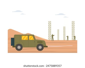 Die Wüste, wo die Kaserne der Armee ist, Schießübungen. Zeichengestaltung. Vektorgrafik flache Abbildung