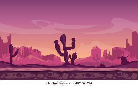 Desert wild cartoon landscape in sunset with cactus, hills and mountains. Seamless background for interface computer game. Vector illustration
