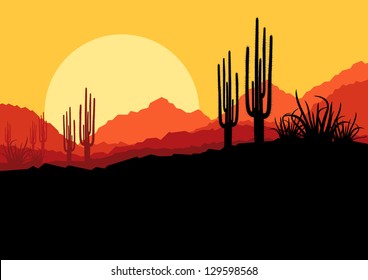 Desert wild nature landscape with cactus and palm tree plants illustration background vector