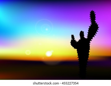  Desert wild nature landscape with cactus and sun, illustration, vector, black silhouette on color background, sunset or sunrise 