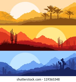 Desert wild nature landscapes with cactus and palm tree plants illustration collection background vector