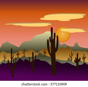 Desert wild nature landscapes with cactus and   mountain background. Cactus plants in desert  Mexican desert sunset.