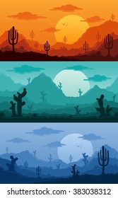 Desert wild nature landscapes with cactus, desert herbs, clouds and mountains in various times of day vector illustration