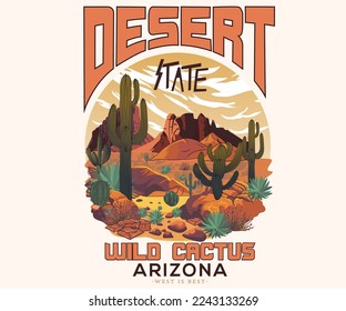 Desert Wild Wanderlust, Arizona desert dreams with mountain vector graphic print artwork for apparel, stickers, background and others. Desert landscape view retro artwork.