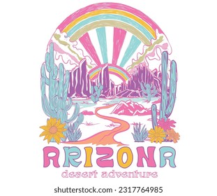 Desert Wild Wanderlust. Arizona desert state graphic print artwork for apparel, t shirt, sticker, poster, wallpaper and others. Desert Vibes, feel the sunset, Colorful mountain graphic.