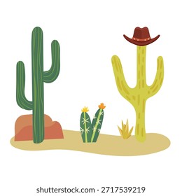 Desierto, oeste salvaje. Clipart de Vector plano, ilustración con fondo aislado.