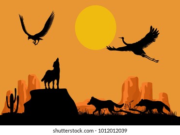 Desert wildlife silhouettes, wolves and birds black silhouettes