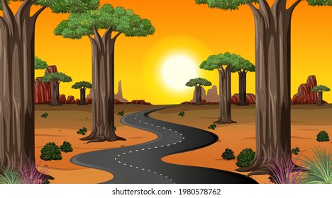 Camino sinuoso del desierto al atardecer