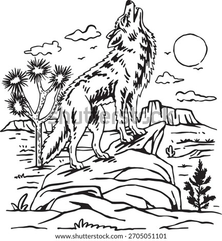 Desert Wolf Howling Lineart Scene – Wilderness Mountain Landscape Vector