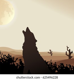 Desert wolf howls at the Moon in the middle of the sand dunes. Vector silhouette illustration. Beige tone background.