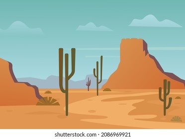 Desert yellow canyon with cacti illustration. Outdoor sandy hills and hot sky with summer natural sandstone landscape of beautiful arid arizona wilderness. Vector cartoon landscape.