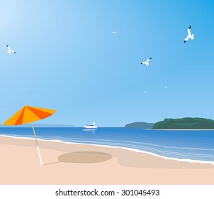 Deserted beach on the seashore. Vector illustration
