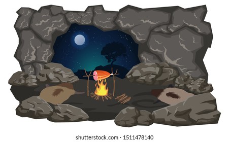 A deserted cave of primitive people. Vector stock illustration, flat design style. Isolated on a white background.