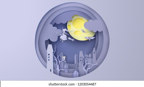 Deserted city on Halloween. Witch flying on the sky in deserted city. paper cut and craft design. vector, illustration.