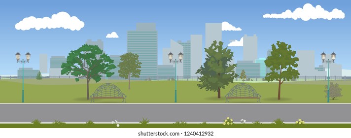 Deserted city park. Vector illustration, flat design style.