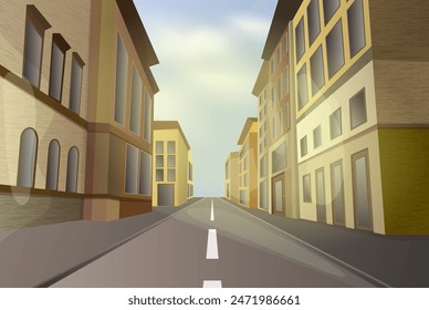 Deserted city street with buildings. Summer architernity background. Vector illustration.