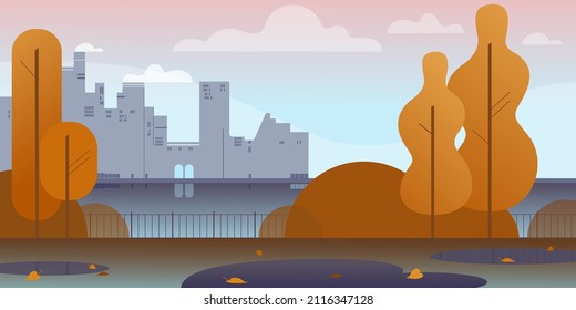 Deserted embankment in the city park on an autumn day. Background vector illustration for landing page mockup or flat design advertising banner.