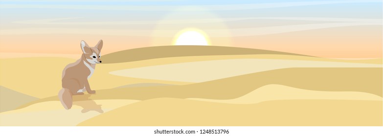 A deserted fox fennec sits on the sand. Wildlife of North Africa. Desert with dunes from yellow sand. Landscapes of Africa and Australia. Sahara Realistic Vector Landscape