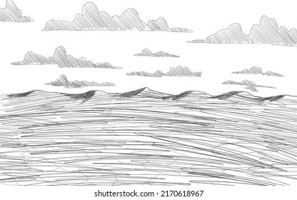 Deserted hills sketch. Wasteland view. Post apocalypse line sketch. Draught environment. Vector illustration.