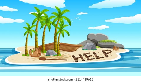 Deserted island with broken boat lying on the beach with help sign illustration