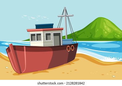 Deserted island with broken boat lying on the beach illustration