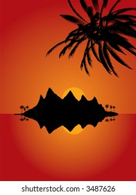 Deserted island illustration with warm orange and red colours and lone palm trees
