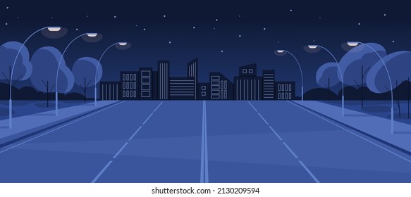 Deserted night road. Empty city street with lamps, lights, buildings, star in sky. Highway perspective. Cityscape panorama with midnight illuminated lane. Nighttime landscape. Flat vector illustration