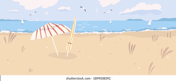 Deserted sandy beach landscape. Summertime scenery of desert sea shore with umbrellas, seagulls in cloudy sky and sailboats on horizon. Flat vector illustration