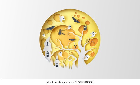 Deserted scenery on Halloween night with full moon and witch, ghost spirit, bat are flying on the sky in circle frame. Full moon on Halloween. paper cut and craft style. vector, illustration.