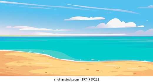 Deserted shore beach banner. Beautiful vector illustration. Blue sky and sandy shore. Summer vacation by the sea. Rest in Thailand. Hawaii resort. Template for text