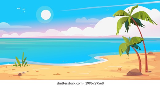 Deserted shore beach and palms banner. Beautiful vector illustration. Blue sky with sun and sandy shore with trees. Summer vacation by the sea. Rest in Thailand, Hawaii. Template for cartoon text.