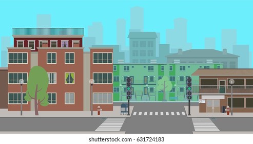 A deserted street of the city. Vector illustration, a flat style design.