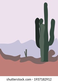 Deserted valley with mountains in the background. Green cacti. Vector illustration in trendy colors