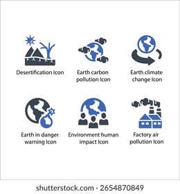 Desertification, carbon pollution, climate change, danger warning, human impact, Factory pollution, icon
