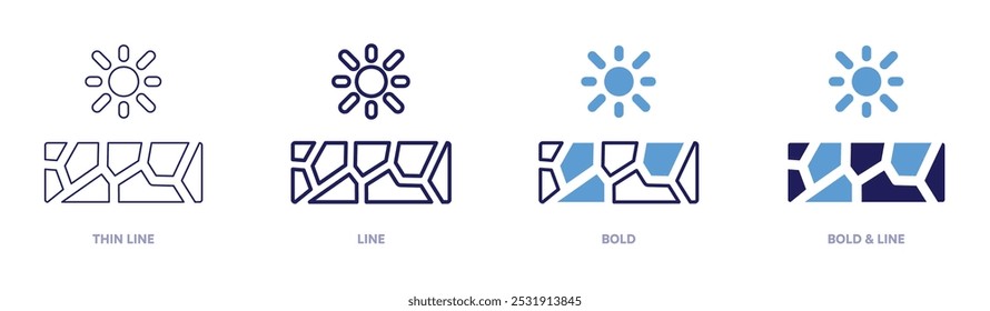 Icono de desertificación en 4 estilos diferentes. Línea delgada, línea, negrita y línea negrita. Estilo duotono. Trazo editable.