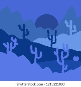 Deserts and Sand Dunes Landscape at Sunrise. Vector illustration. Landscape on blue and violet colors. Composition.