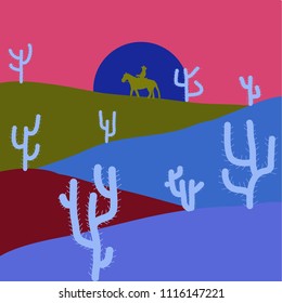 Deserts and Sand Dunes Landscape. Vector illustration. Background with cactus in blue, pink and green colors. Composition.