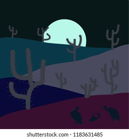 Deserts and Sand Dunes Landscape. Vector illustration. Composition. Background with cactus in gray, blue and brown colors.