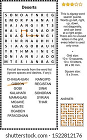 Deserts of the World zigzag word search puzzle (suitable both for kids and adults). Answer included.
